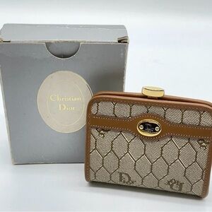 Auth Christian Dior Honeycomb PVC x Leather Beige Clasp Coin Case W/Box